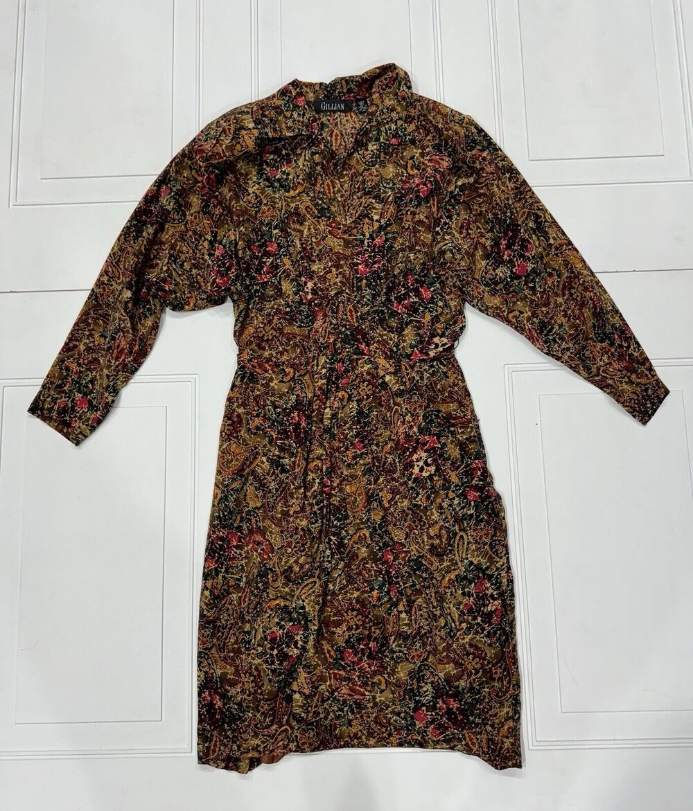 Gillian Womens Sz 10 Vintage Paisley 100% Silk Dress Multicolor Shoulder Pads